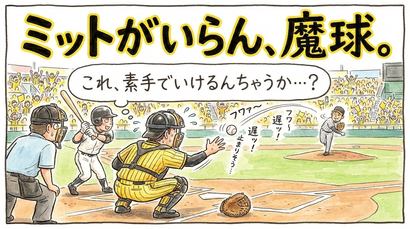 投手が投げた超スローボールに対して、キャッチャーがミットを脱ぎ捨て「これ、素手でいけるんちゃうか…？」と悩んでいる様子を描いた、温かい水彩画風のコミカルな一コマ漫画アイキャッチ。画面上部に巨大な手書き文字で「ミットがいらん、魔球。」とある。（※フィクションです）