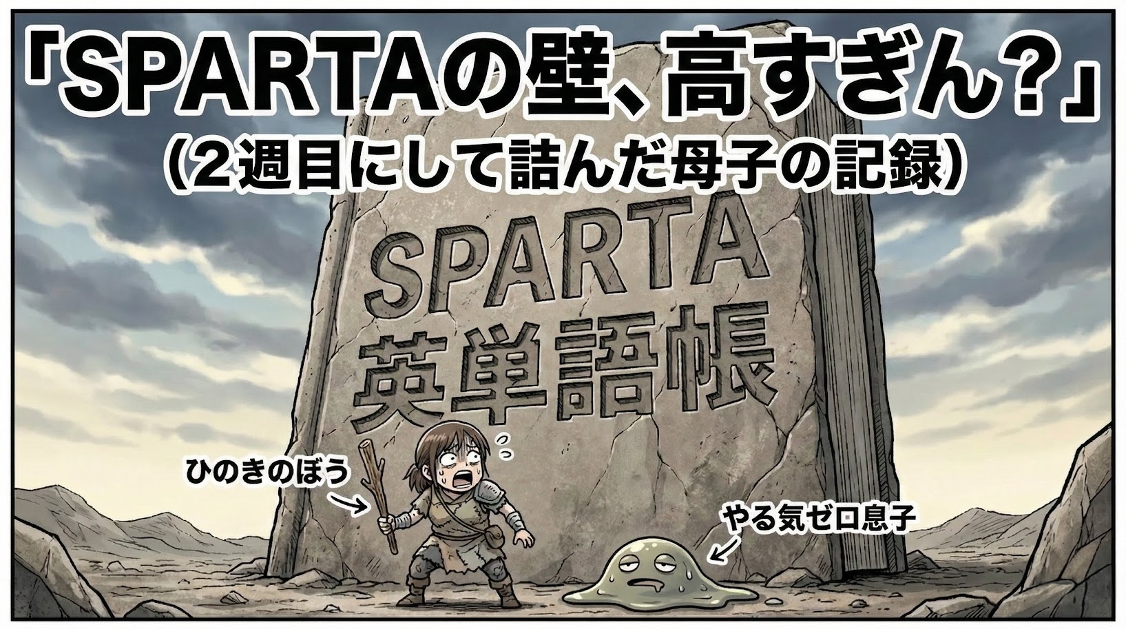 巨大な「SPARTA英単語帳」の石碑を前に、ひのきのぼうを持った母とスライム化した息子が呆然としているアイキャッチ画像。上部に「SPARTAの壁、高すぎん？（2週目にして詰んだ母子の記録）」の大きな文字入り。