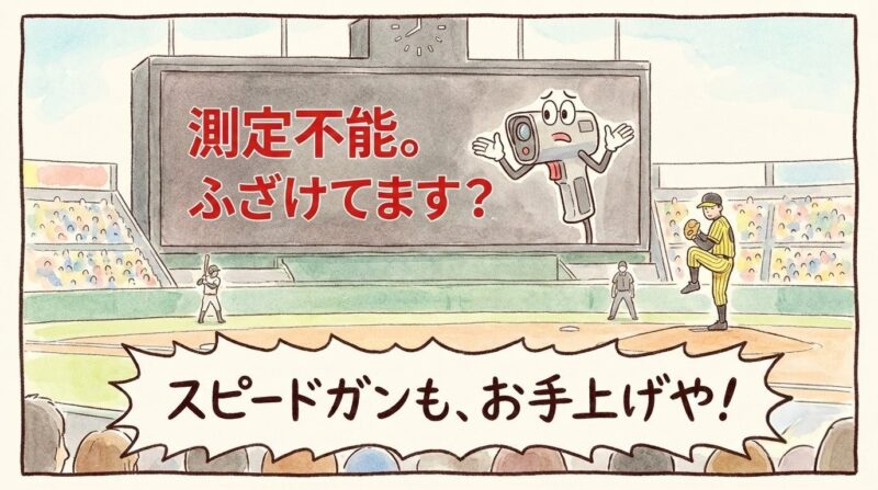 球場のスピード表示板に「測定不能。ふざけてます?」というメッセージが出て、機械自体が両手を挙げてお手上げ状態になっている様子を描いた、温かい水彩画風のコミカルな一コマ漫画。遠くにはのんびりした投手が描かれている。(※フィクションです)