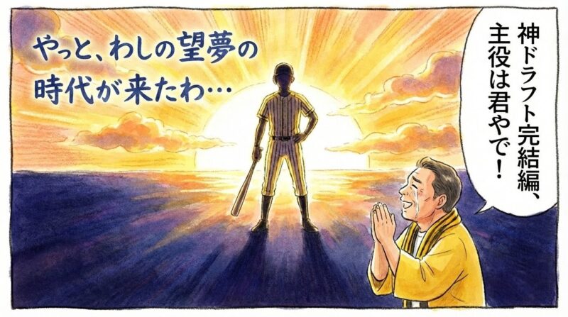 暗い夜空から昇る太陽の光の中に、凛々しく立つ若い選手のシルエットが浮かび上がり、それを見て感動した父ちゃんが手を合わせて拝んでいる、温かい水彩画風の一コマ漫画。「神ドラフト完結編、主役は君やで！」というセリフ入り。（※フィクションです）