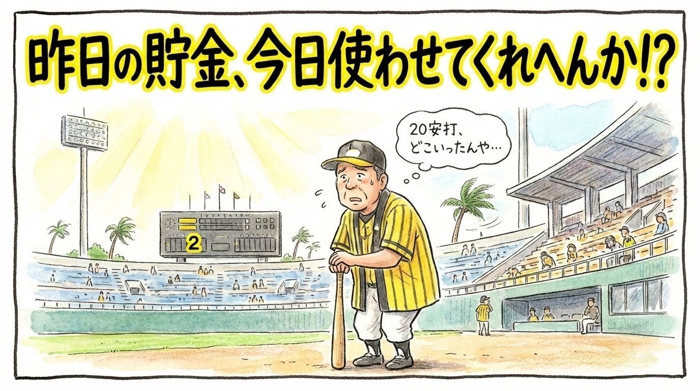 沖縄の球場スタンドで、昨日の大量得点が嘘のような貧打に困惑し、バットを杖にして「20安打どこいったんや…」とキョロキョロ探している父ちゃんの一コマ漫画アイキャッチ。背後のスコアボードには寂しい「2点」の表示。画面上部に「昨日の貯金、今日使わせてくれへんか！？」のデカ文字入り。（※フィクションです）