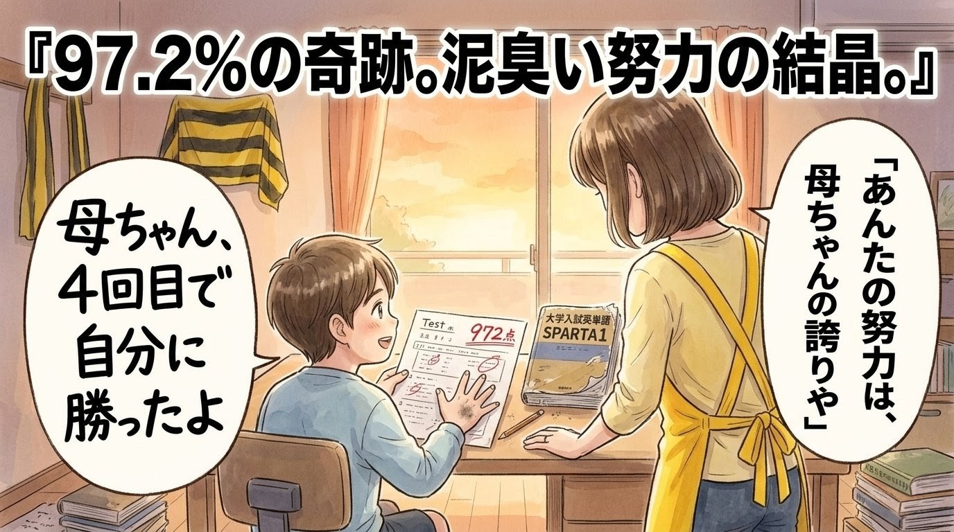 ADHDの長男がスパルタ4周目テストで972点を出し、答案用紙を掲げる努力の手を、安堵と誇りに満ちて見つめる母の背中を描いた温かい一コマ漫画アイキャッチ。上部には「97.2％の奇跡。泥臭い努力の結晶。」の文字。夕暮れのリビング。