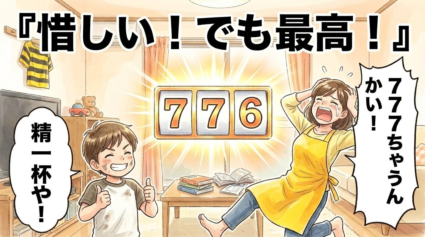 ADHDの長男がスパルタ3周目テストで776点を出し、777のゾロ目にあと一歩でズッコケる母と胸を張る息子のコミカルな一コマ漫画アイキャッチ
