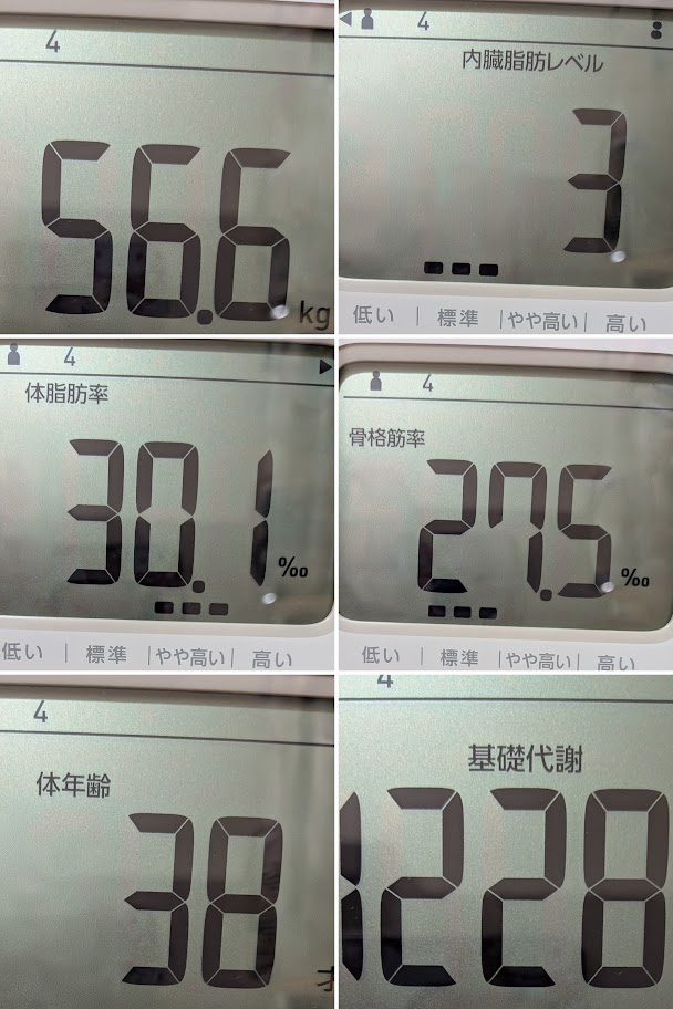 体重56.6kg、体脂肪率30.1%、体年齢38才など、6つの測定データをまとめたコラージュ画像。
