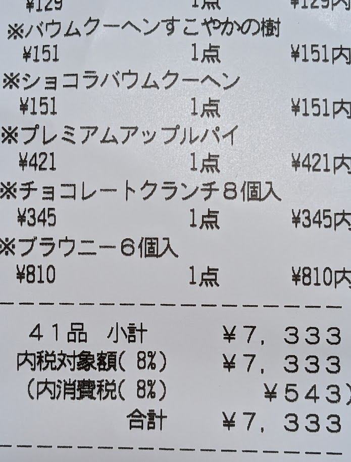 シャトレーゼのレシート下部。合計41品、税込7,333円の購入記録。