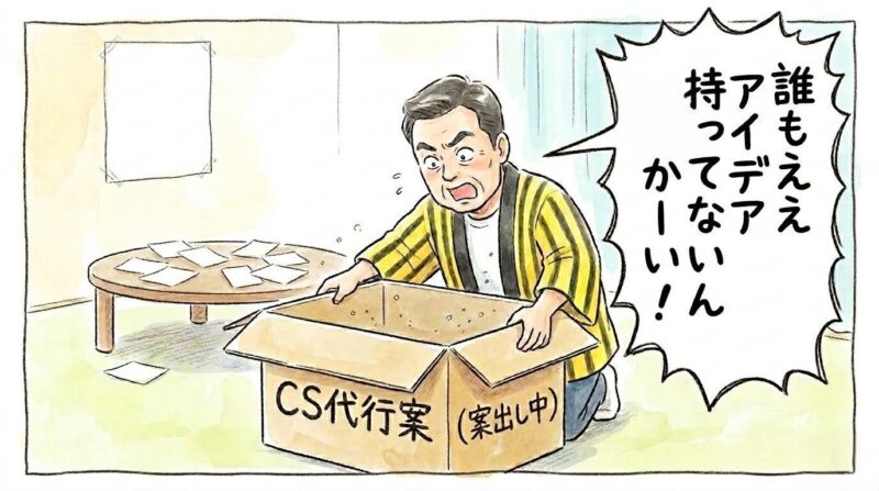 「CS代行案」と書かれた空っぽの段ボール箱を覗き込んで、「誰もええアイデア持ってへんのかーい!」とツッコミを入れる黄色いハッピ姿のお父さんを描いた、温かい水彩画風の一コマ漫画。セリフは「代わりの儲け話がないなら、CSと付き合っていくしかないわな。」(※フィクションです)
