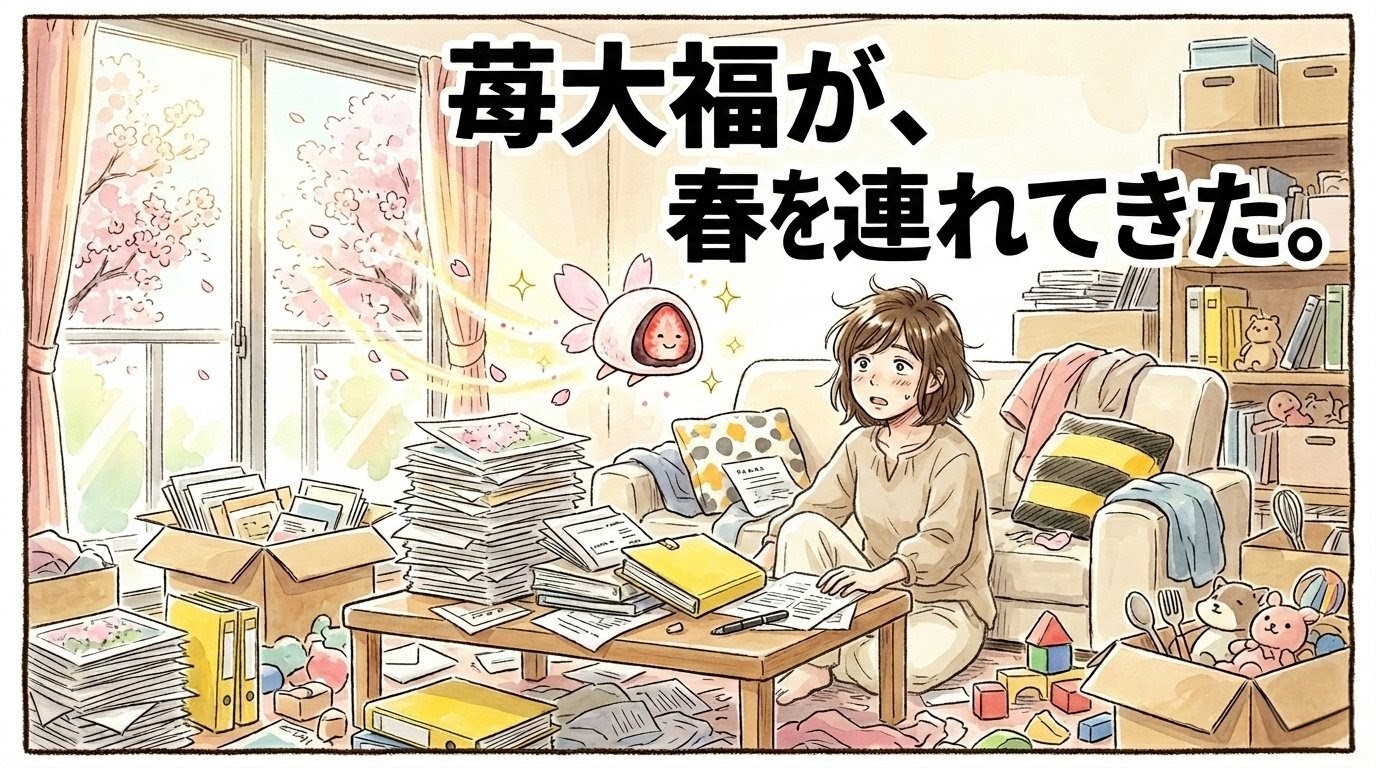 スマートフォンで見やすく工夫された一コマ漫画アイキャッチ画像：荒れ果てたリビングでプリントの山の上を飛ぶ苺大福の妖精と、呆然とする女性を描いた、極太デカ文字「苺大福が、春を連れてきた。」入りイラスト。女性の服装はナチュラルな綿麻のブラウスとパンツに変更。ロゴなし、genericな要素のみ。