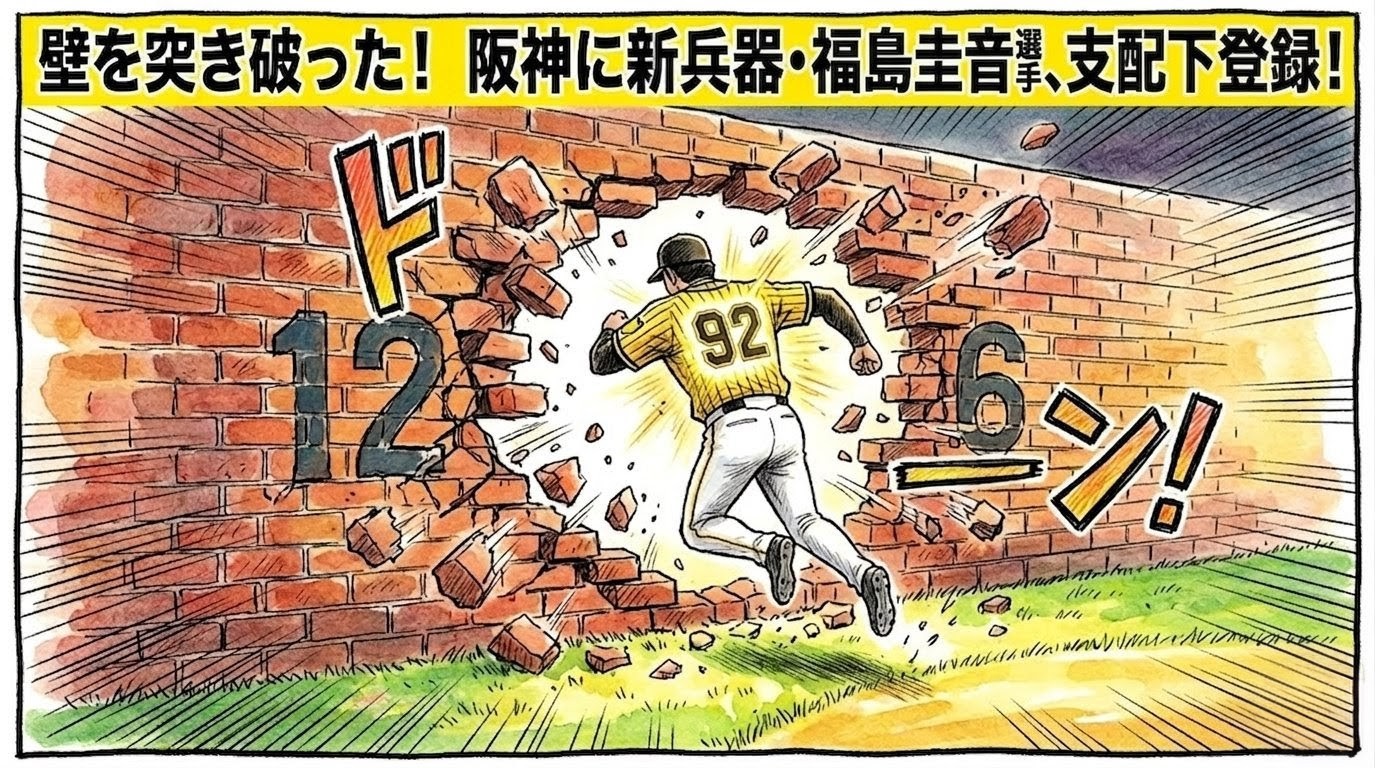 「壁を突き破った！」という文字が入った、育成番号126の壁を破壊して新背番号92で飛び出してくる選手の1コマ漫画。画面上部に巨大なデカ文字。温かい水彩・色鉛筆風のイラスト。16:9。（※フィクションです、ロゴなし）