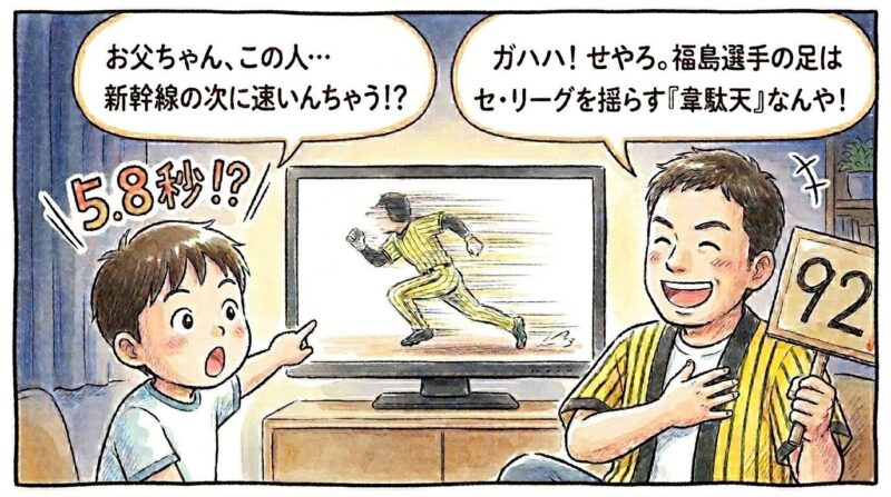 「新幹線の次に速いんちゃう！？」とストップウォッチを片手に驚く次男と、誇らしげに笑うハッピ姿のお父ちゃんの1コマ漫画。テレビ画面には激走する選手の残像。温かい水彩・色鉛筆風のイラスト。16:9。（※フィクションです、ロゴなし）