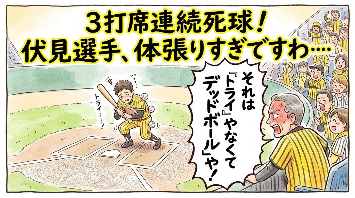 野球のバッターボックスでバットをラグビーボールのように抱え、体に何個もボールが当たっている黄色い縞模様ユニフォームの選手と、スタンドから「それはトライやなくてデッドボールや！」とツッコむハッピ姿のお父さんを描いた一コマ漫画風イラスト。画面上部には「3打席連続死球！ 伏見選手、体張りすぎですわ……」のデカ文字入り。（※フィクションです、球団ロゴなし）