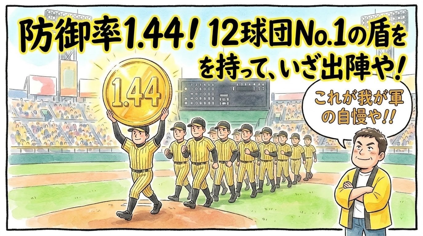 12球団1位の防御率1.44と書かれた大きな金の盾を掲げて行進する、黄色と黒のユニフォームの投手陣。それを右下でハッピ姿のお父さんが誇らしげに見守っている1コマ漫画。上部には「防御率1.44！いざ出陣や！」の巨大なデカ文字。アスペクト比16:9。（※フィクションです、ロゴなし）