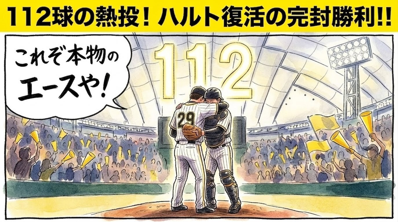 112球の熱投！ハルト復活の完封勝利！！」という巨大な文字が入った、マウンドで抱き合う投手と捕手の1コマ漫画風アイキャッチ。背景に輝く112の数字。温かい水彩・色鉛筆風のイラスト。16:9。（※フィクションです、ロゴなし）
