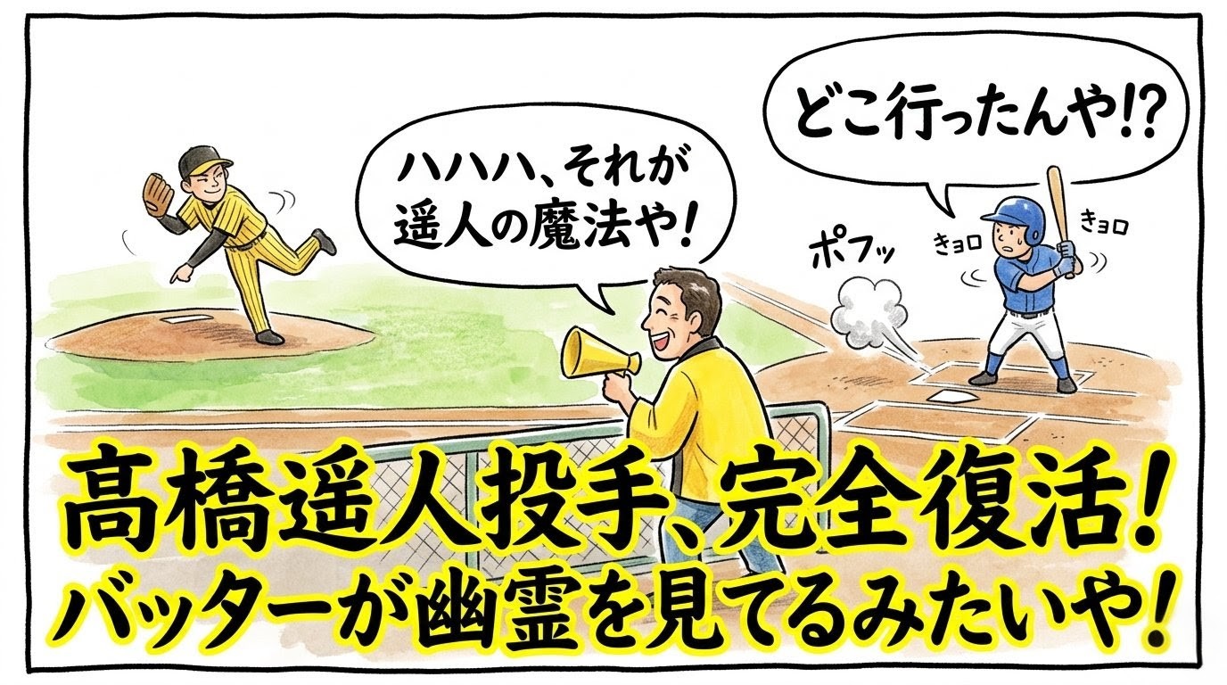 髙橋遥人、完全復活！の巨大な文字が入った、1コマ漫画風のアイキャッチ画像。野球場で、投手が投げたボールがバッターの手前で煙のように消え、困惑するバッターと爆笑するお父さんの様子が描かれている。実在のロゴや名称はなし。アスペクト比16:9。（※フィクションです、ロゴなし）