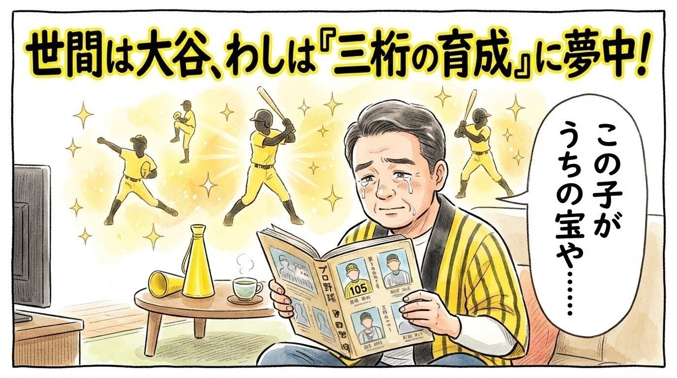 リビングで、黄色い縞法被を着たお父さんが、三桁の背番号が書かれた若い選手たちの写真を愛おしそうに眺め、「この子がうちの宝や……」と涙ぐんでいる。背景にはキラキラと輝く若手選手たちのシルエット。画面最上部には「世間は大谷、わしは『三桁の育成』に夢中！」の巨大なデカ文字入り。1コマ漫画風イラスト。