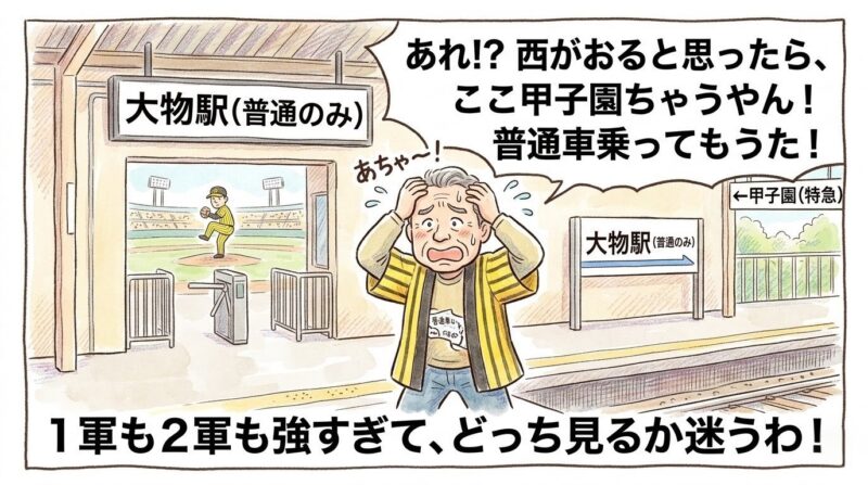  甲子園（1軍）と大物（2軍）を乗り間違えて尼崎の球場に辿り着いてしまい、パニックになりながらも「どっちも強すぎて迷う」とぼやく、黄色いハッピ姿のお父さんの1コマ漫画。セリフは「1軍も2軍も強すぎて、どっち見るか迷うわ！」（※フィクションです、ロゴなし）
