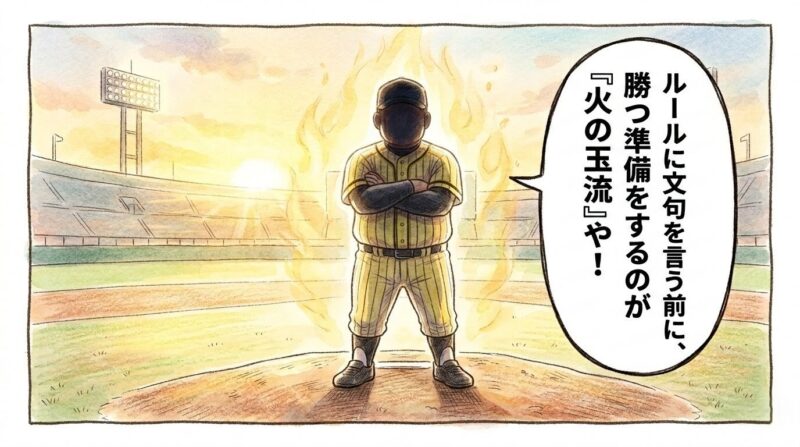 夕暮れのマウンドで不敵な笑みを浮かべて腕を組む監督。背後に黄金色のオーラを纏い、「ルールに文句を言う前に、勝つ準備をするのが『火の玉流』や!」と語っている温かい水彩画風の一コマ漫画。(※フィクションです)