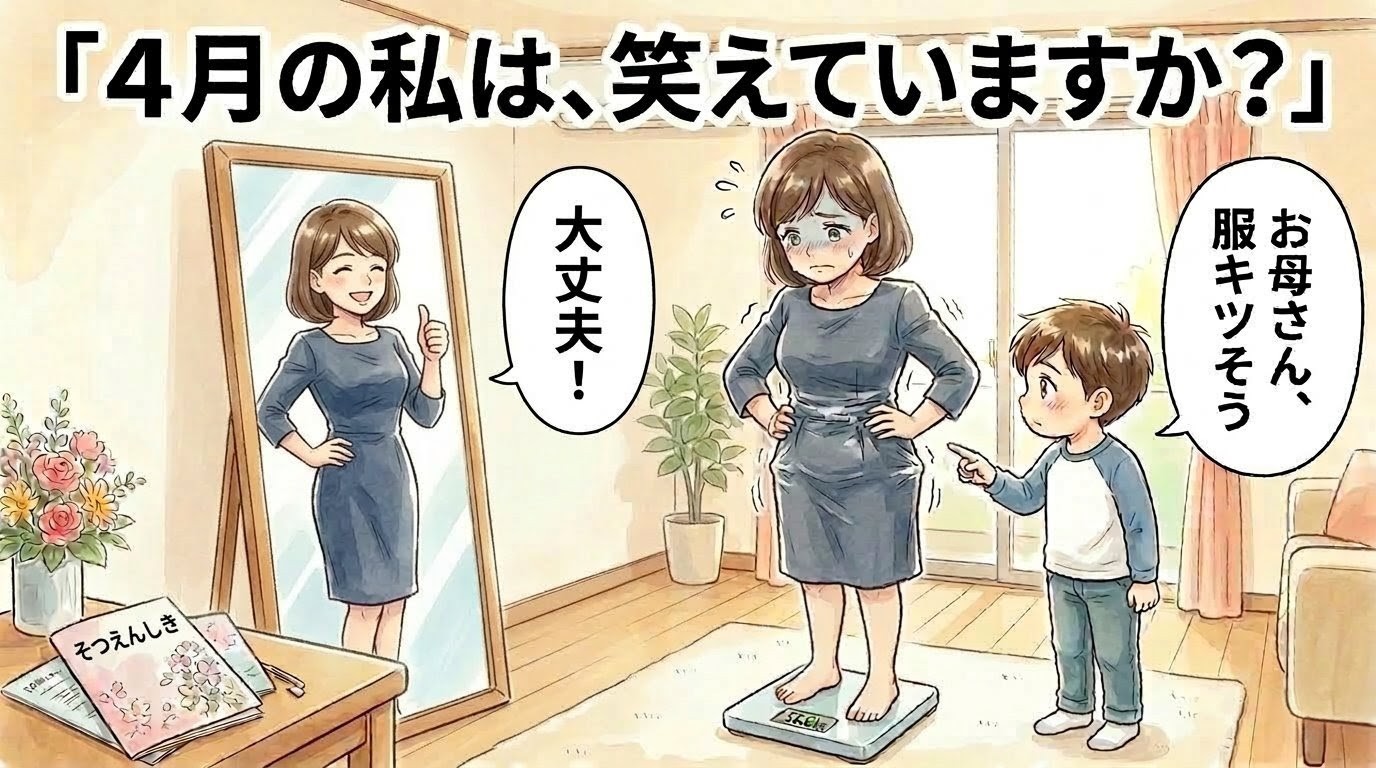 鏡の中の理想の自分と、現実のパッツパツなワンピース姿で体重計に乗る自分を比較した一コマ漫画。足元には「そつえんしき」の冊子。