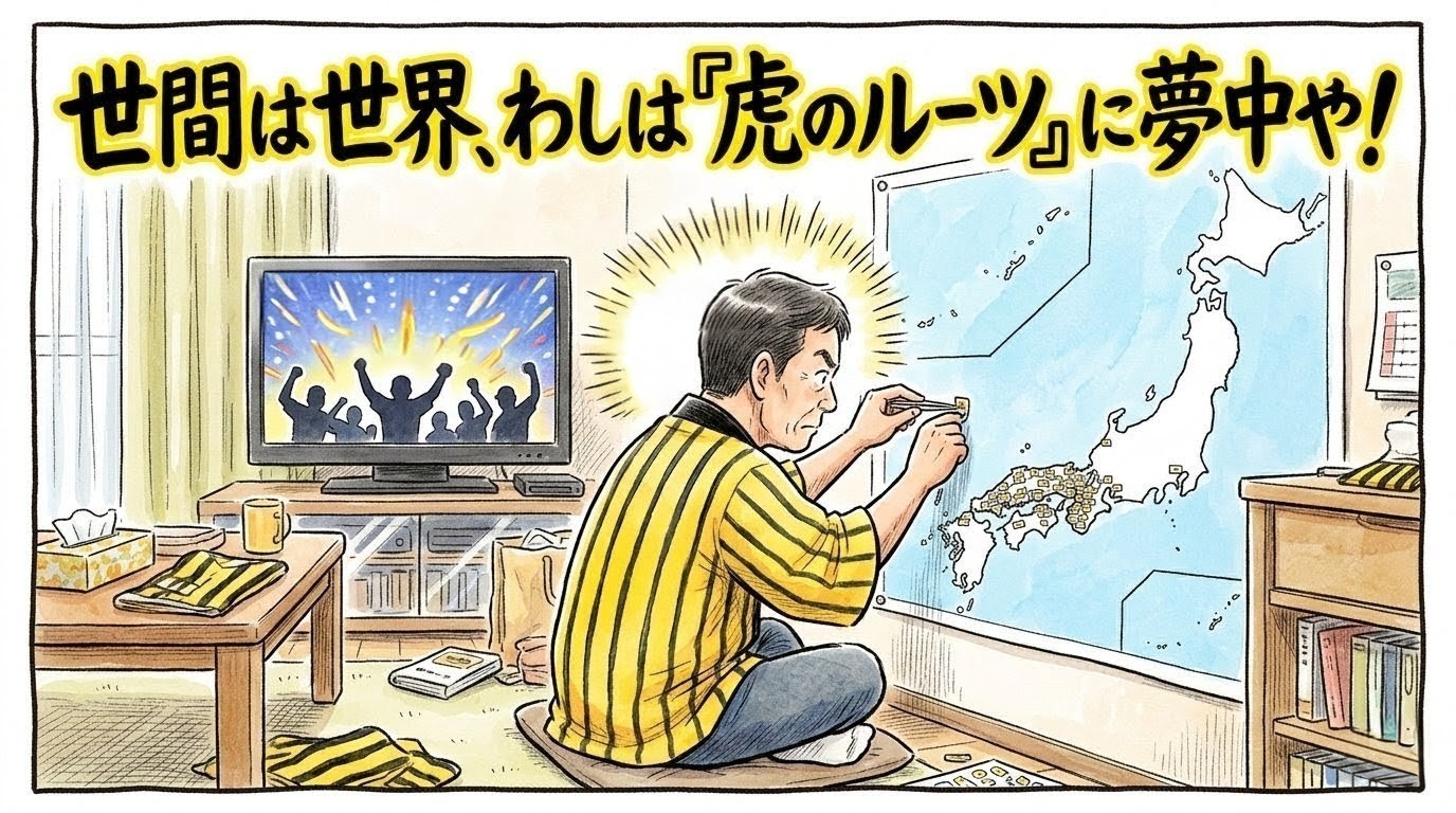 テレビで流れる世界大会（WBC）の中継を完全無視し、壁の日本地図に歴代監督の出身地シールを貼る作業に没頭するお父さんの姿を描いた、関西お笑い風の一コマ漫画アイキャッチ。画面上部には「世間は世界、わしは『虎のルーツ』に夢中や！」の巨大なデカ文字入り。（※フィクションです）