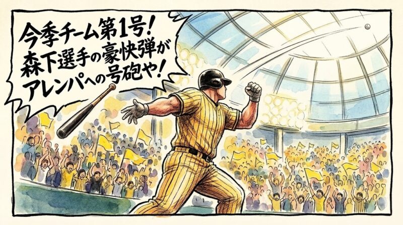 「森下選手の豪快弾がアレンパへの号砲や!」というセリフが入った、2026年チーム第1号ホームランを放つ打者の1コマ漫画。バットを放り投げガッツポーズする姿。温かい水彩・色鉛筆風のイラスト。16:9。(※フィクションです、ロゴなし)