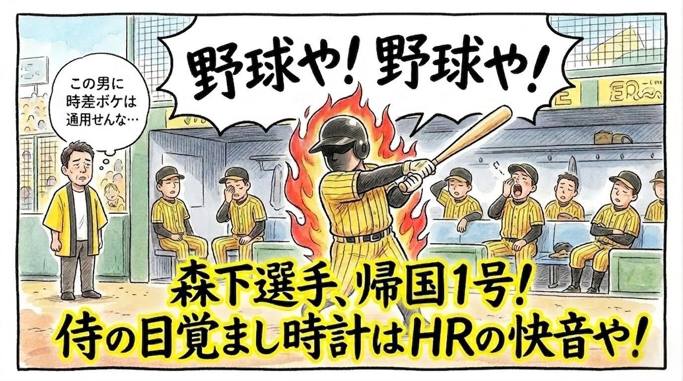 WBCから帰国直後、眠そうなチームメイトの中で一人だけ情熱の炎を纏ってフルスイングする黄色と黒のユニフォームの選手と、それを見守るお父さんの1コマ漫画。下部には「森下選手、帰国1号！ 侍の目覚まし時計はHRの快音や！」という巨大な日本語テキスト入り。（※フィクションです、球団ロゴなし）