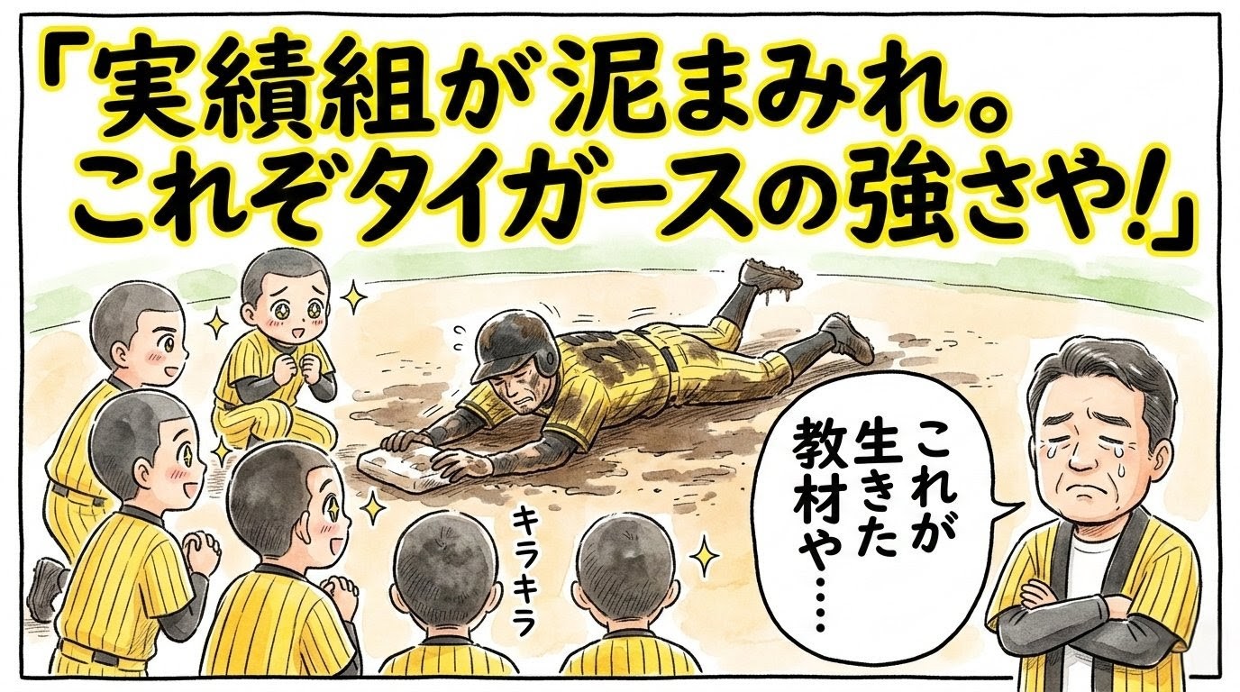 教育リーグで泥だらけの背中でベースに滑り込むベテラン選手。それを見つめる若手選手たちのキラキラした目と、横で感動する黄色い縞法被のお父さんを描いた、温かい水彩画風の一コマ漫画。画面中央には「実績組が泥まみれ。これぞタイガースの強さや！」のデカ文字入り。（※フィクションです）