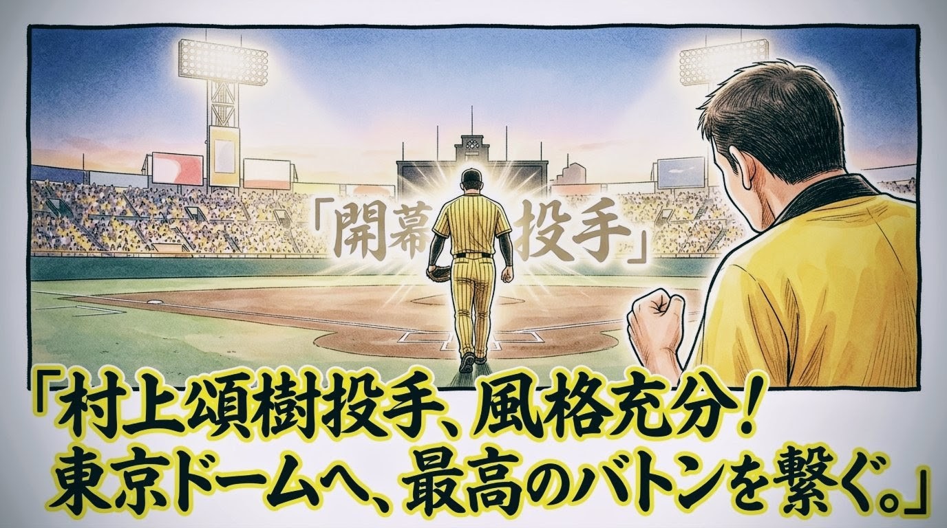 マウンドを降りる黄色と黒のユニフォームの投手の背中に「開幕投手」の文字が光り、それをスタンドからお父さんが誇らしげに見守る感動的な1コマ漫画。下部には「村上頌樹投手、風格充分！ 東京ドームへ、最高のバトンを繋ぐ。」という巨大な日本語テキスト入り。（※フィクションです、ロゴなし）