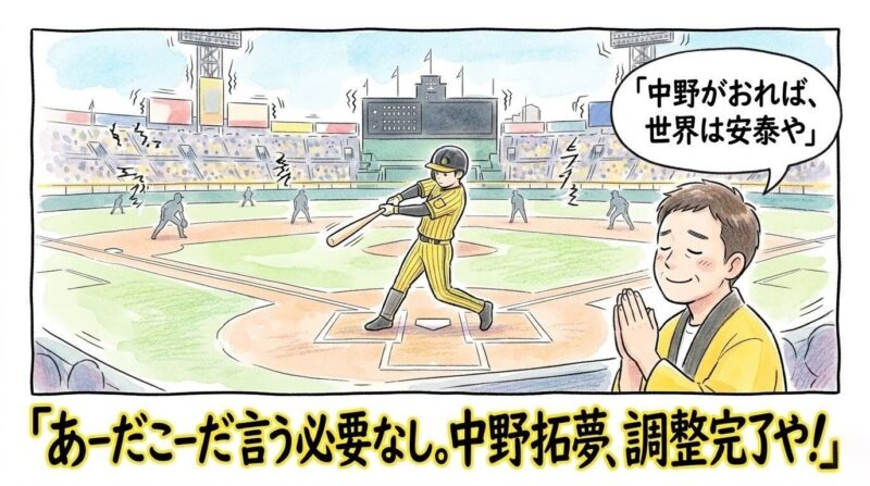 セカンドベース上で完璧なスイングを見せる黄色いユニフォームの選手と、それを拝むお父さんの温かい1コマ漫画。下部には「あーだこーだ言う必要なし。中野拓夢、調整完了や！」という巨大な日本語テキスト入り。（※フィクションです、ロゴなし）