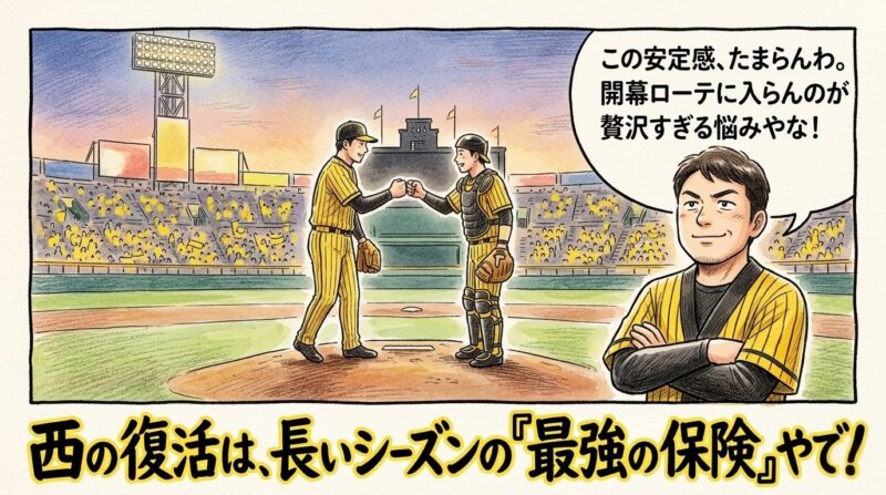 マウンド上でグータッチを交わす黄色い縞模様ユニフォームの投手と捕手。手前では黄色いハッピ姿のお父さんがドヤ顔で「西の復活は最強の保険や」と語る、温かみのある1コマ漫画。(※フィクションです、球団ロゴなし)