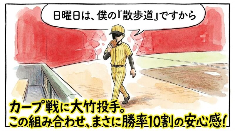 マウンドへ向かいながら、もみじ型のまんじゅうを手に「日曜日は僕の散歩道」と不敵に笑う黄色い縞模様ユニフォームの投手。下部には「カープ戦に大竹投手。この組み合わせ、まさに勝率10割の安心感！」という巨大な手書き文字が入った1コマ漫画。（※フィクションです、球団ロゴなし）