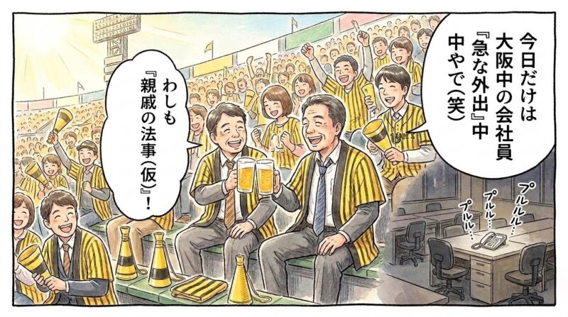 平日の野球場スタンドで、ビジネススーツの上に黄色い縞模様のハッピを着てビールで乾杯するお父さんたちと、背景に描かれた無人のオフィスの対比を描いた温かい水彩画風の一コマ漫画。セリフは「今日だけは大阪中の会社員が『急な外出』中やで（笑）」「わしも『親戚の法事（仮）』で来たわ！」（※フィクションです）