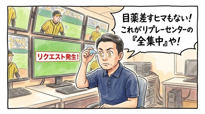 リプレーセンターで、目薬を差そうとした瞬間に「リクエスト発生!」の通知が届き、目を見開いたまま固まる審判員の1コマ漫画。モニターには野球の試合が映っており、上部に「目薬差すヒマもない!これがリプレーセンターの全集中や!」というセリフがある。温かい水彩・色鉛筆風のイラスト。(※フィクションです、ロゴなし)
