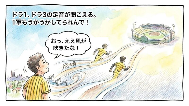 2軍の尼崎から吹く、概念的な立石と岡城の熱気の追い風を感じて、未来を見据えながら空を見上げるハッピ姿のお父さんの1コマ漫画。遠くには甲子園風の球場が浮かび、お父さんの頭上に「おっ、ええ風が吹きたな！」という吹き出しと、左上に「ドラ1、ドラ3の足音が聞こえる。1軍もうかうかしてられんで！」というキャプション入り。情緒的な水彩・色鉛筆風イラスト。（※フィクションです、ロゴなし）