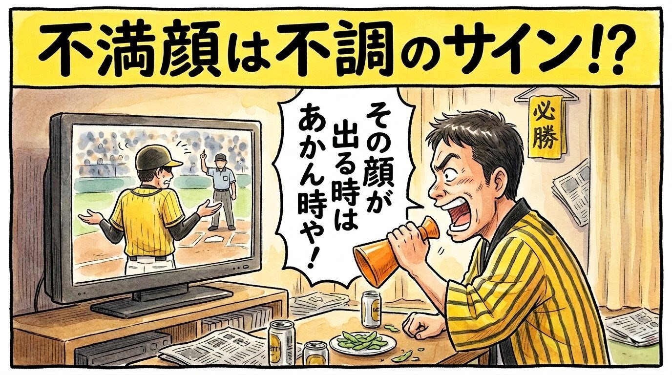 「その顔が出る時はあかん時や！」と、テレビの判定に不満げな選手に突っ込むタイガースファンのお父ちゃんの1コマ漫画。画面上部に「不満顔は不調のサイン！？」という巨大な文字。温かい水彩・色鉛筆風のイラスト。16:9。（※フィクションです、ロゴなし）