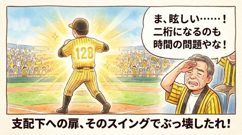 ホームランを打った嶋村選手風の若手の背番号「三桁」が黄金色に眩しく輝き、それを見て「支配下への扉、そのスイングでぶっ壊したれ!」と叫びながら目を細める黄色いハッピ姿のお父さんの1コマ漫画。水彩画と色鉛筆の温かい手描きイラスト。(※フィクションです)