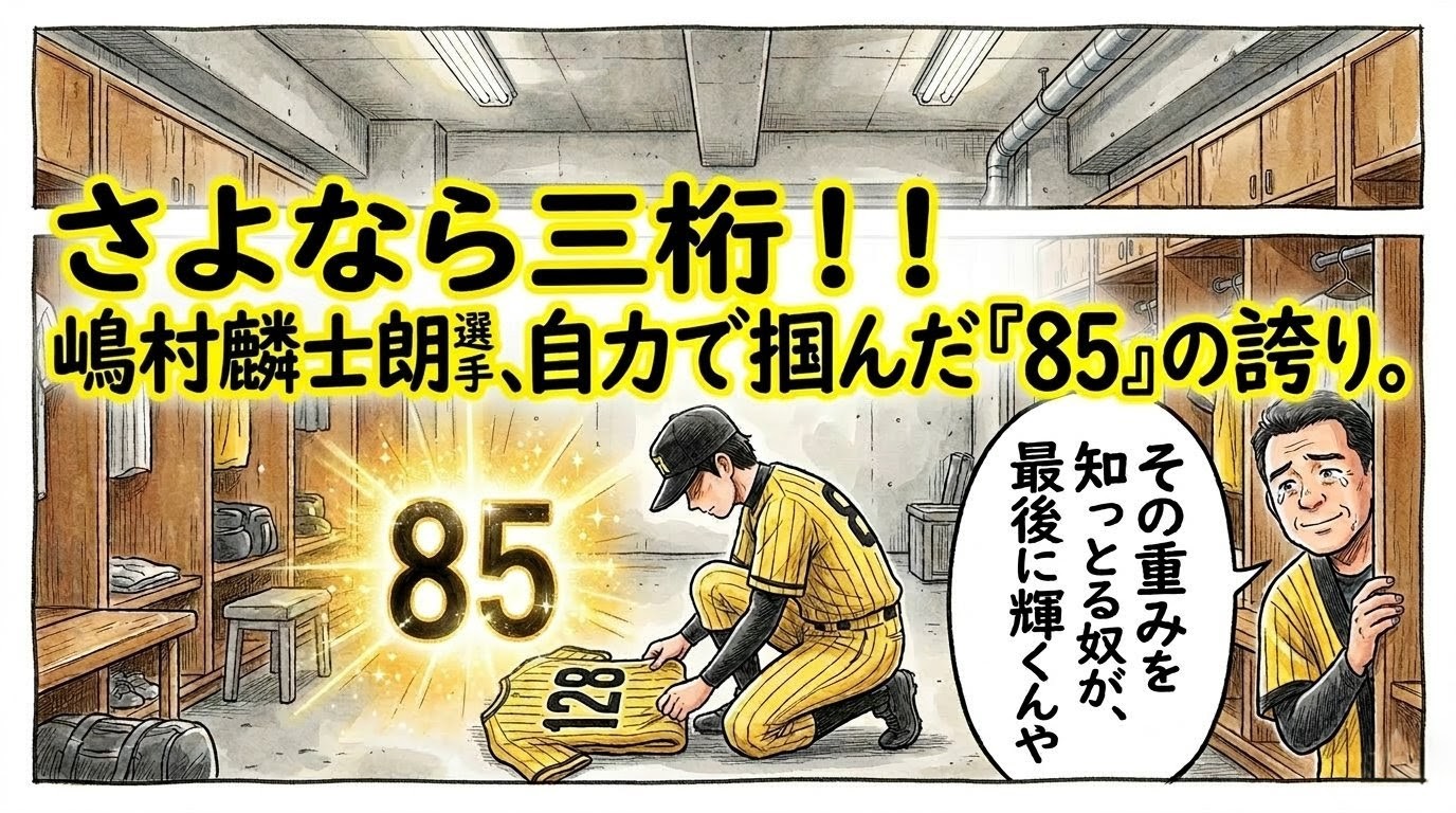 背番号128のユニフォームを畳み、上にある真新しい背番号85のユニフォームがキラキラと輝いている嶋村選手風の選手と、それを見て感動して涙を拭うハッピ姿のお父さんの1コマ漫画。画面中央に「さよなら三桁！」の巨大な黄色い文字入り。（※フィクションです、球団ロゴなし）
