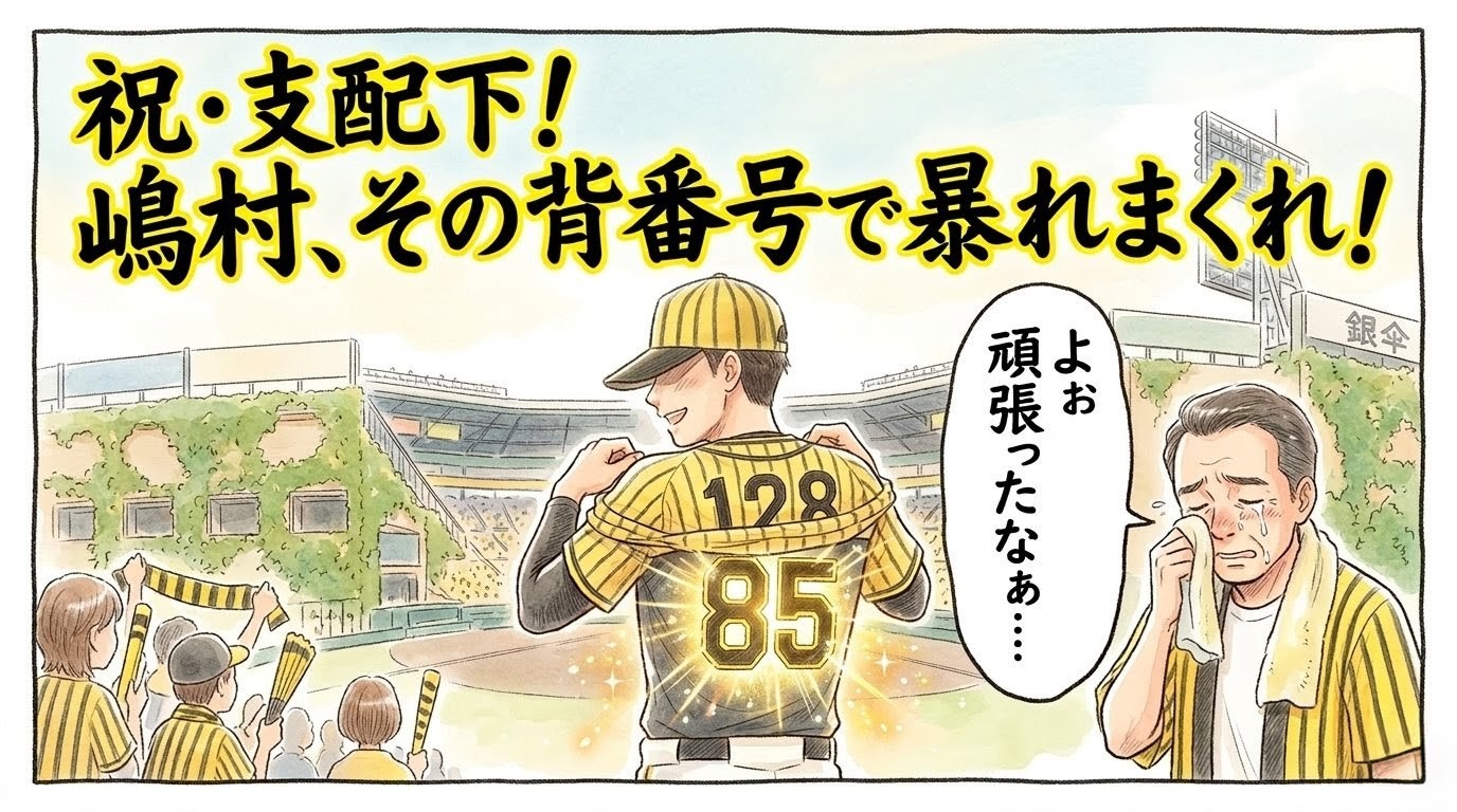 背番号128のユニフォームを脱ぎ、下から現れた背番号85のユニフォームがキラキラと輝いている嶋村選手風の選手と、それを見て感動して涙を拭うハッピ姿のお父さんの1コマ漫画風イラスト。画面上部に「祝・支配下！ 嶋村、その背番号で暴れまくれ！」の巨大な黄色い文字入り。（※フィクションです、球団ロゴなし）