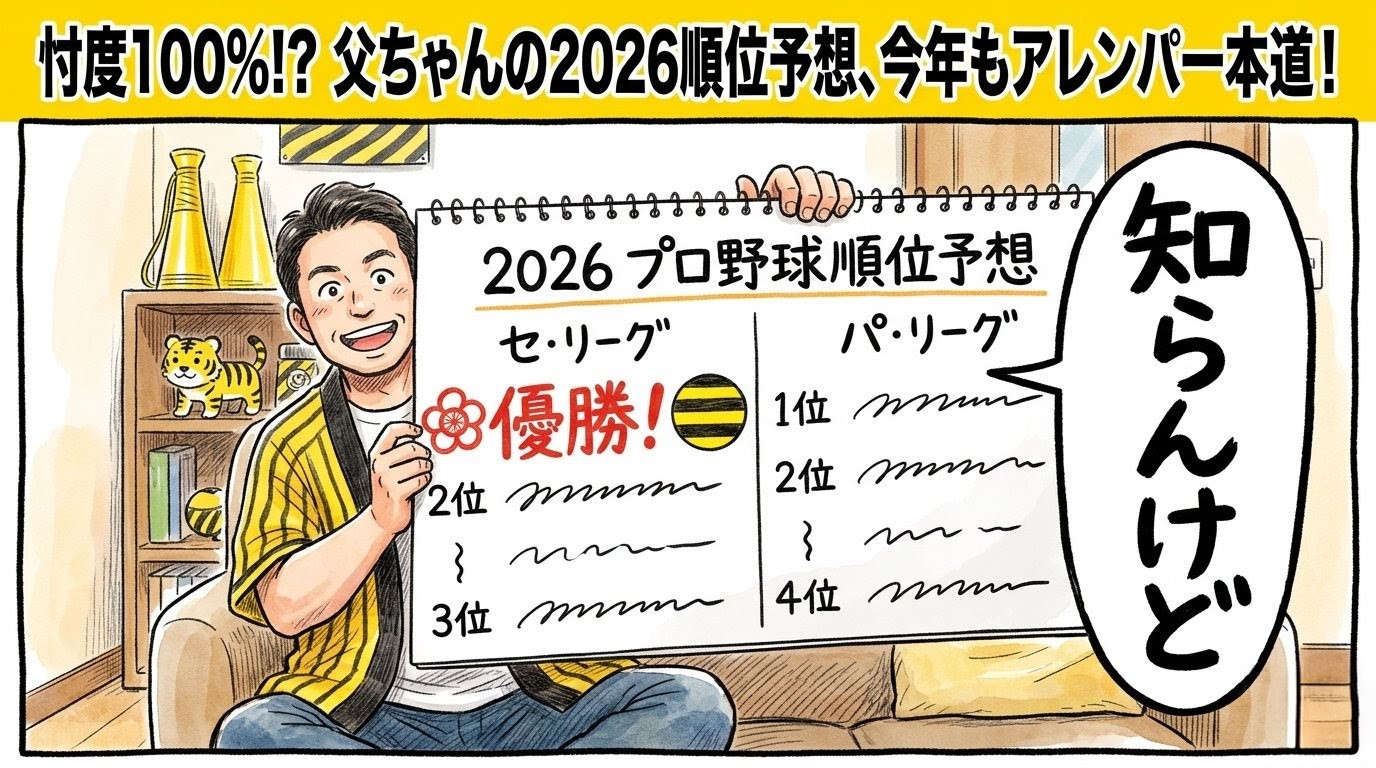 「知らんけど」という巨大な吹き出しがついた2026年プロ野球順位予想を掲げる、黄色と黒のハッピを着た陽気なお父ちゃんの1コマ漫画。画面上部に「忖度100%！？父ちゃんの2026順位予想」という巨大なデカ文字。温かい水彩・色鉛筆風のイラスト。16:9。（※フィクションです、ロゴなし）