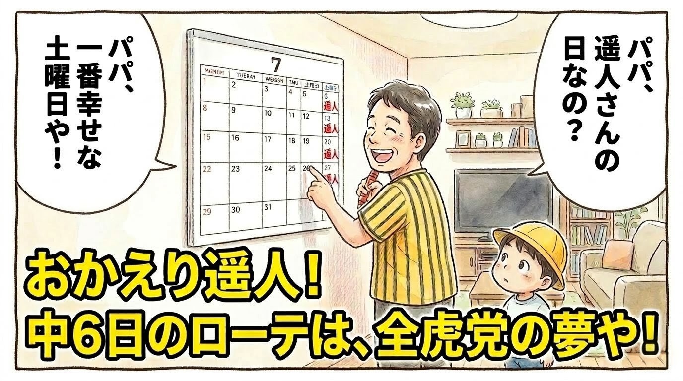 カレンダーの土曜日に赤ペンで「遥人」と書き込みガッツポーズをする黄色い縞模様シャツの父親と、それを見て笑う息子の1コマ漫画。画面上部には「おかえり遥人！ 中6日のローテは、全虎党の夢や！」という巨大な日本語テキスト入り。（※フィクションです、球団ロゴなし）