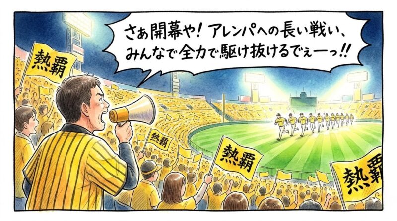 「アレンパへの長い戦い、全力で駆け抜けるで!」というセリフが入った、2026年開幕を祝う1コマ漫画。黄色に染まるスタジアムで「熱覇」の旗が舞う中、ハッピ姿のお父ちゃんがグラウンドの選手たちにエールを送っている。温かい水彩・色鉛筆風のイラスト。16:9。(※フィクションです、ロゴなし)