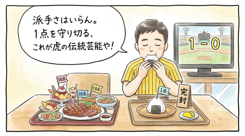 豪華なフルコース(大量得点)よりも、1点と書かれたおにぎりと完封の漬物を「最高の贅沢」として味わう虎党のお父さんの1コマ漫画。背景には1-0のスコアボード。温かい水彩・色鉛筆風のイラスト。(※フィクションです、ロゴなし)