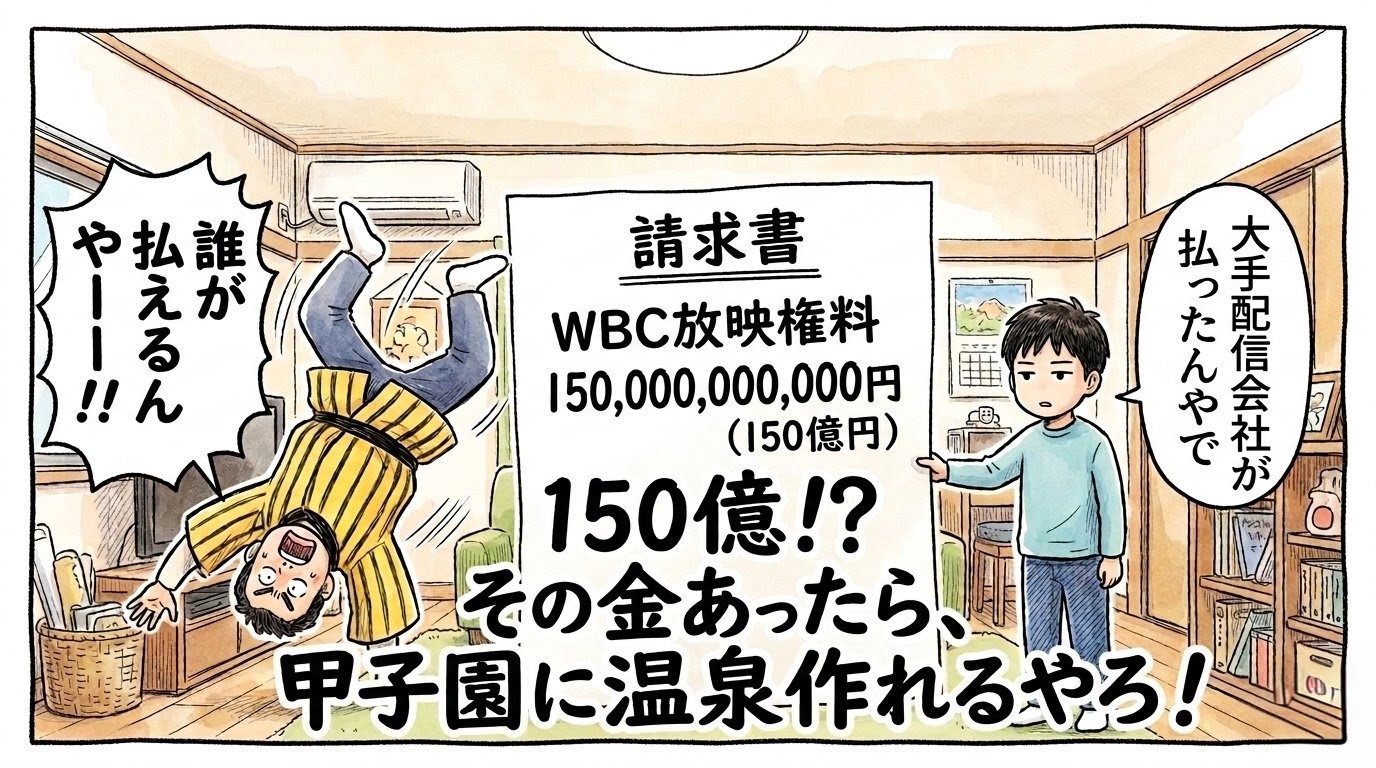 150億円という巨大なWBC放映権料の請求書を見て、驚いてひっくり返りながら「甲子園に温泉作れるやろ！」と叫ぶ黄色い縞模様ハッピのお父さんと、冷静に「Netflixが払ったんやで」とツッコむ息子の1コマ漫画。画面下部に巨大なデカ文字入り。（※フィクションです、企業ロゴなし）