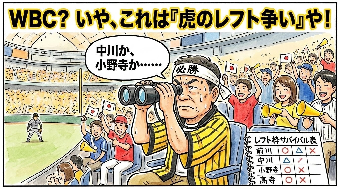 WBC壮行試合の観客席で、周囲がお祭り騒ぎをする中、黄色い縞法被を着たお父さんが双眼鏡でレフト方向を凝視し、「中川か、小野寺か……」と汗を流しながらメモ帳（サバイバル表）に記入している。画面上部には「WBC？ いや、これは『虎のレフト争い』や！」のデカ文字入り。1コマ漫画風イラスト。（※フィクションです）