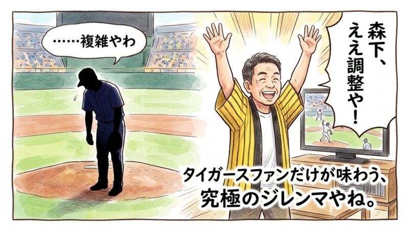 侍ジャパンの森下選手に打たれてガックリする湯浅投手と、テレビの前で「森下、ええ調整や!」と万歳して喜ぶ黄色い縞法被のお父さんを描いた、温かい水彩画風の一コマ漫画。セリフは「タイガースファンだけが味わう、究極のジレンマやね。」(※フィクションです)