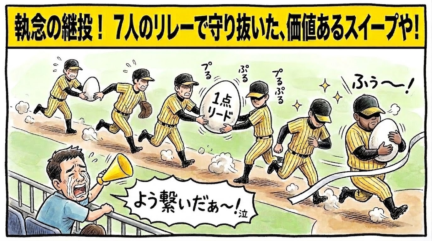 「執念の継投！」という巨大な文字。1点リードという割れそうな卵を7人の投手で繋ぎ、ゴールするドリス投手と号泣するお父ちゃんの1コマ漫画。温かい水彩・色鉛筆風。16:9。ロゴなし。