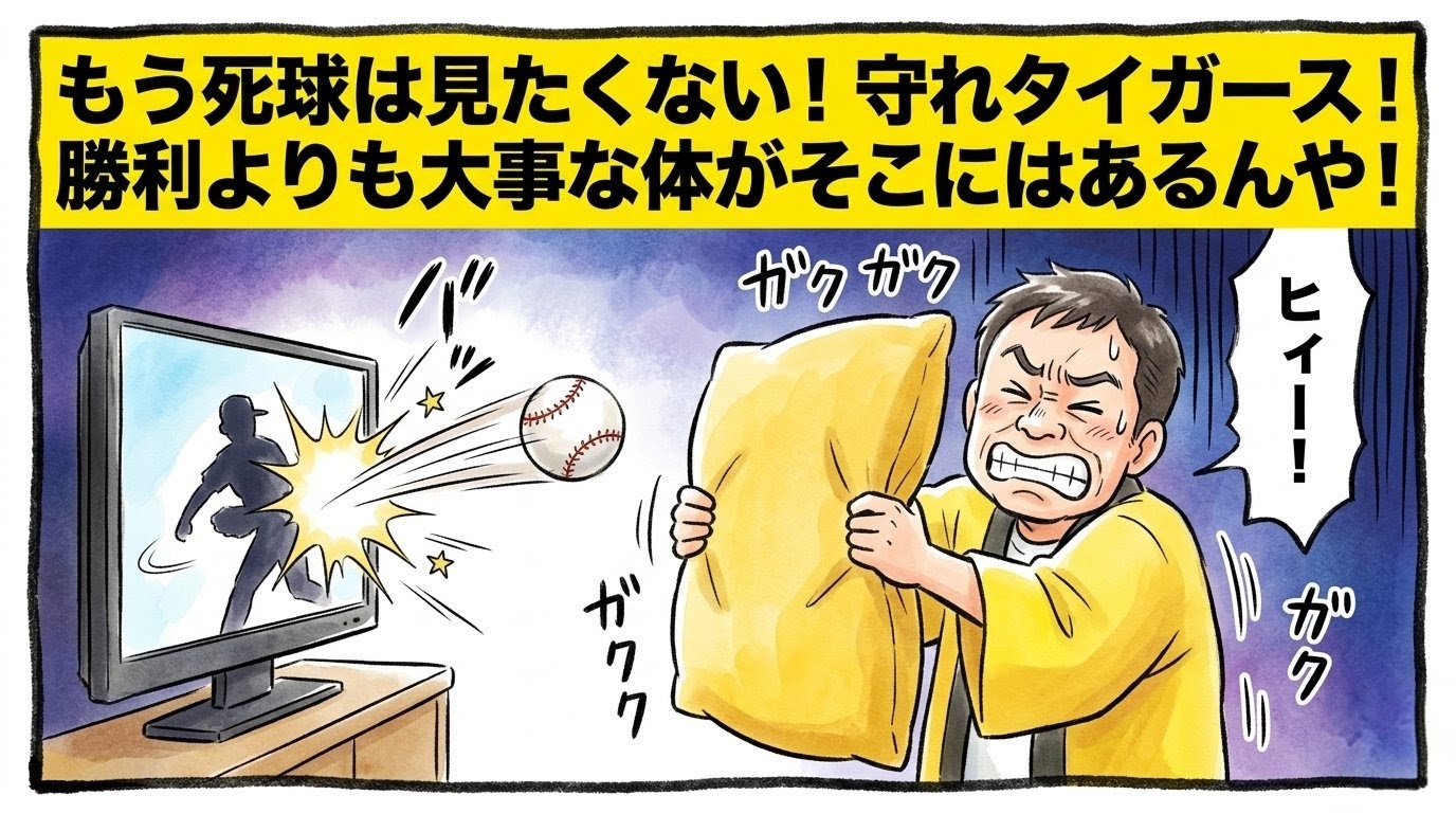 「もう死球は見たくない！」という巨大な文字。投球に怯えて黄色い座布団で身を守るお父ちゃんの1コマ漫画。温かい水彩・色鉛筆風。16:9。ロゴなし。
