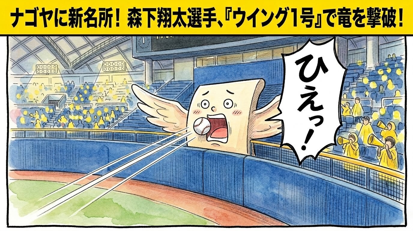 「ウイング1号で竜を撃破！」という巨大な文字。バンテリンドームの「ホームランウイング」に、森下翔太選手が放ったボールが突き刺さり、擬人化されたウイングが驚いて「ひえっ！」と声を上げているコミカルな一コマ漫画。温かい水彩・色鉛筆風。16:9。ロゴなし。