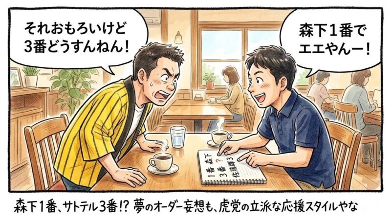 「森下1番、サトテル3番！？」というテキスト。カフェで理想の打順について熱く議論する、お父ちゃんとバファローズファンの友人の1コマ漫画。温かい水彩・色鉛筆風。16:9。ロゴなし。