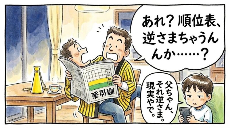 「順位表が逆さまちゃうか！？」と驚くお父ちゃんの1コマ漫画。1位が緑、2位が黄色の表を見て腰を抜かす様子を描いた、温かい水彩・色鉛筆風のイラスト。16:9。ロゴなし。
