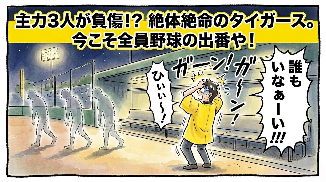 「主力3人が負傷！？ 絶体絶命のタイガース。」という巨大な文字。誰もいなくなったベンチでパニックになるお父ちゃんの1コマ漫画。温かい水彩・色鉛筆風。16:9。ロゴなし。