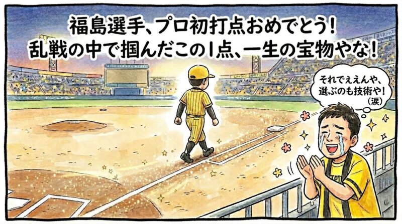 「プロ初打点おめでとう！」というセリフ。押し出しで一塁へ歩く福島選手の足跡が金メダルになり、それを見て号泣するお父ちゃんの1コマ漫画。温かい水彩・色鉛筆風。16:9。ロゴなし。